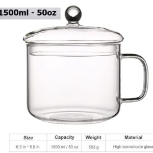 Glass Cooking Pot - 1.5L/50oz Clear Glass Cooking Pot, Glass Saucepan, Simmer Pot With Lid, Easy Grip Handles, Made from Oven, Microwave, Safe for Pasta Noodle, Soup, Milk, Tea