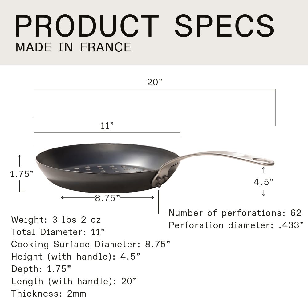 Made In Cookware - 11" Blue Carbon Steel Grill Frying Pan - (Like Cast Iron, but Better) - Professional Cookware - Crafted in France - Induction Compatible