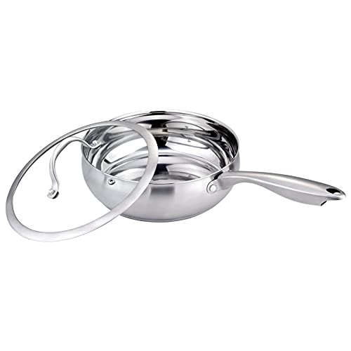 J&V TEXTILES Stainless Cookware, 9.5-Inch Fry Pan with Lid, Tri-Ply Stainless Steel, Professional Grade, Silver,*