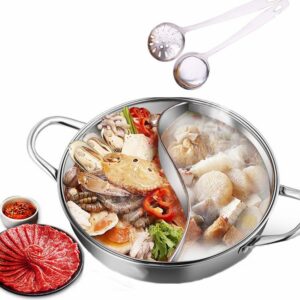 minedecor yuanyang hot pot with divider stainless steel pot for electric induction cooktop gas stove (34 cm 16 oz include 2 pot spoons)
