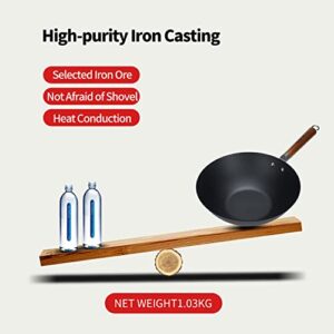 WANGYUANJI Iron Wok,12" Lightweight Woks and Stir Fry Pans with Lid,Wooden Handle Carbon Steel Wok No Chemical Coated Flat Bottom Wok for Induction, Electric, Gas, Halogen All Stoves