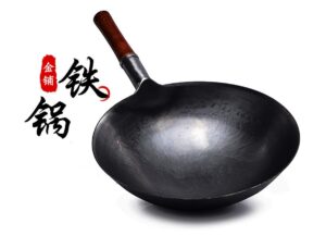 serenita chinese 100% hand hammered iron woks stir fry pans, non-stick, no coating, less oil, black seasoned wooden handle (pro-30cm)