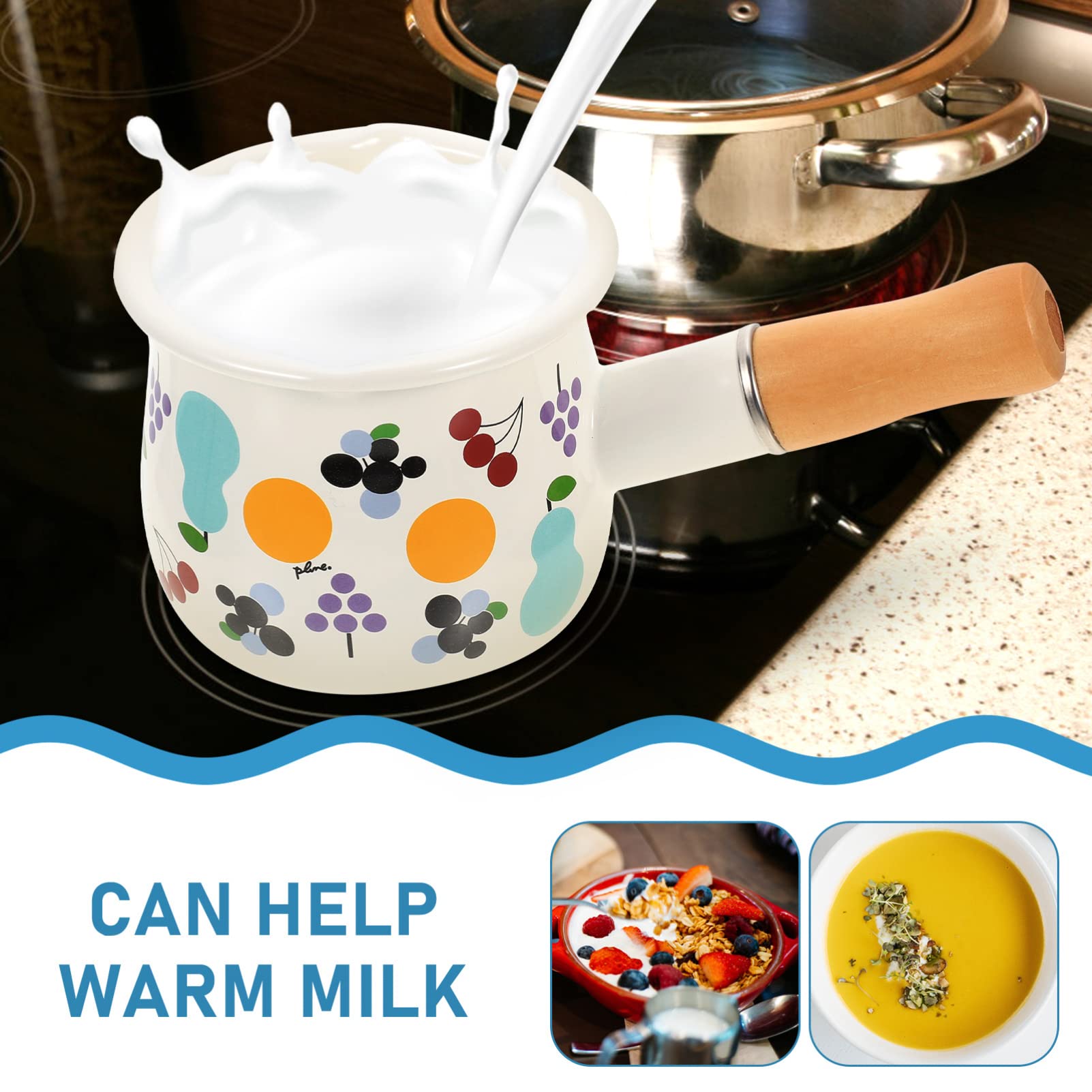 UPKOCH Enamel Milk Pot with Dual Pour Spout Mini Butter Warmer Enamel Saucepan Small Cookware with Wooden Handle Soup Pot Food Pot, White