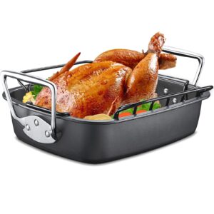 hongbake nonstick turkey roasting pan with rack, 17 x 13 inch large chicken roaster pan for oven, suitable for 25lb turkey, heavy duty, dark grey