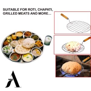 AnNafi® Multi-Purpose Round Roti Jali Papad Grill Chapati Jari Griller Pan| Big Roasting Net, Stainless Steel Multifunctional Wire Steaming Cooling & Baking Barbecue Rack Roaster with Wooden Handle