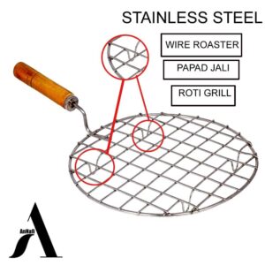 AnNafi® Multi-Purpose Round Roti Jali Papad Grill Chapati Jari Griller Pan| Big Roasting Net, Stainless Steel Multifunctional Wire Steaming Cooling & Baking Barbecue Rack Roaster with Wooden Handle