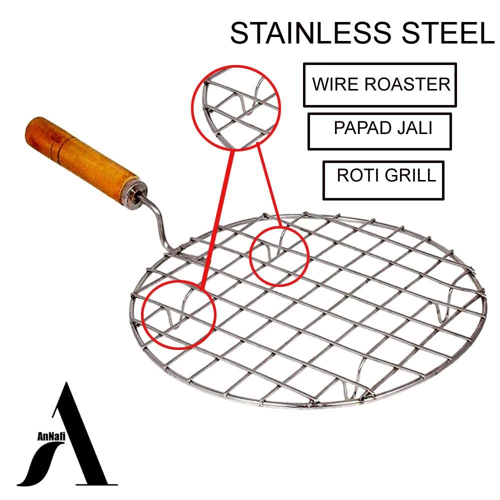 AnNafi® Multi-Purpose Round Roti Jali Papad Grill Chapati Jari Griller Pan| Big Roasting Net, Stainless Steel Multifunctional Wire Steaming Cooling & Baking Barbecue Rack Roaster with Wooden Handle