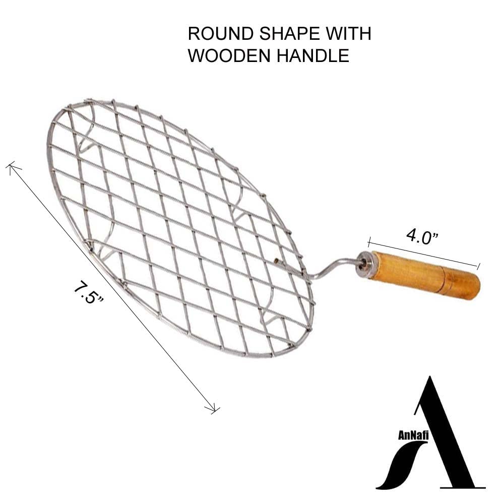 AnNafi® Multi-Purpose Round Roti Jali Papad Grill Chapati Jari Griller Pan| Big Roasting Net, Stainless Steel Multifunctional Wire Steaming Cooling & Baking Barbecue Rack Roaster with Wooden Handle