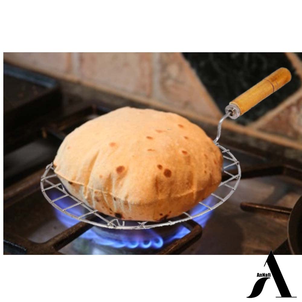 AnNafi® Multi-Purpose Round Roti Jali Papad Grill Chapati Jari Griller Pan| Big Roasting Net, Stainless Steel Multifunctional Wire Steaming Cooling & Baking Barbecue Rack Roaster with Wooden Handle
