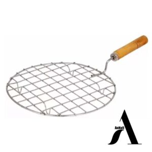 AnNafi® Multi-Purpose Round Roti Jali Papad Grill Chapati Jari Griller Pan| Big Roasting Net, Stainless Steel Multifunctional Wire Steaming Cooling & Baking Barbecue Rack Roaster with Wooden Handle