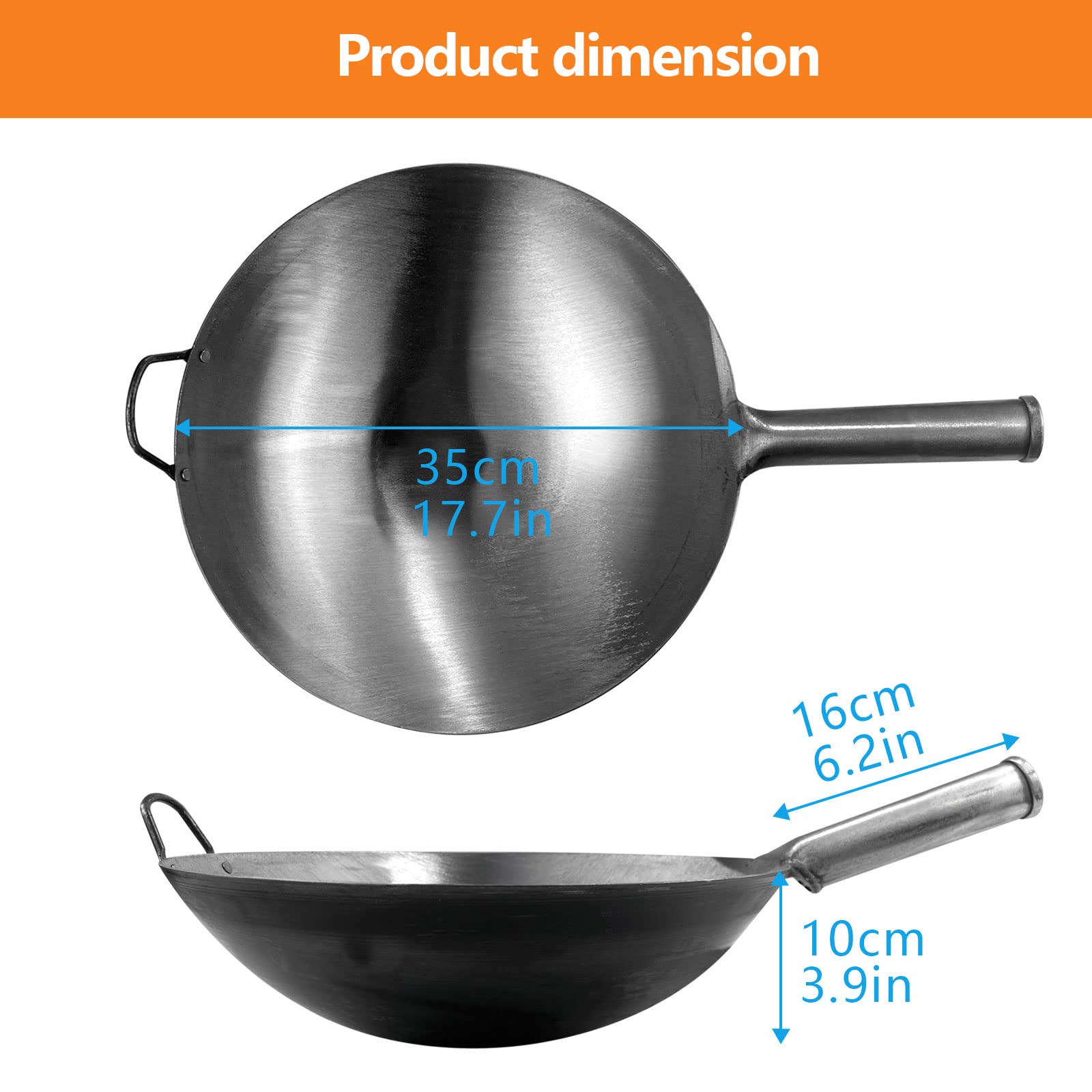 HOUSHIYU-521 Cast Iron Wok, Hand Hammered Nonstick Uncoated Wok, Heavy Duty Iron Wok with Commercial Grade Handle, More Size To Choices, Round Bottom Wok,36cm/14.2in