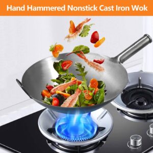 HOUSHIYU-521 Cast Iron Wok, Hand Hammered Nonstick Uncoated Wok, Heavy Duty Iron Wok with Commercial Grade Handle, More Size To Choices, Round Bottom Wok,36cm/14.2in