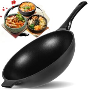 dokaworld aluminum nonstick wok 12 in - woks and stir fry pans - non-stick wok - wok pan detachable handle - large cooking wok frying pan - flat bottom wok - induction wok - stir fry wok