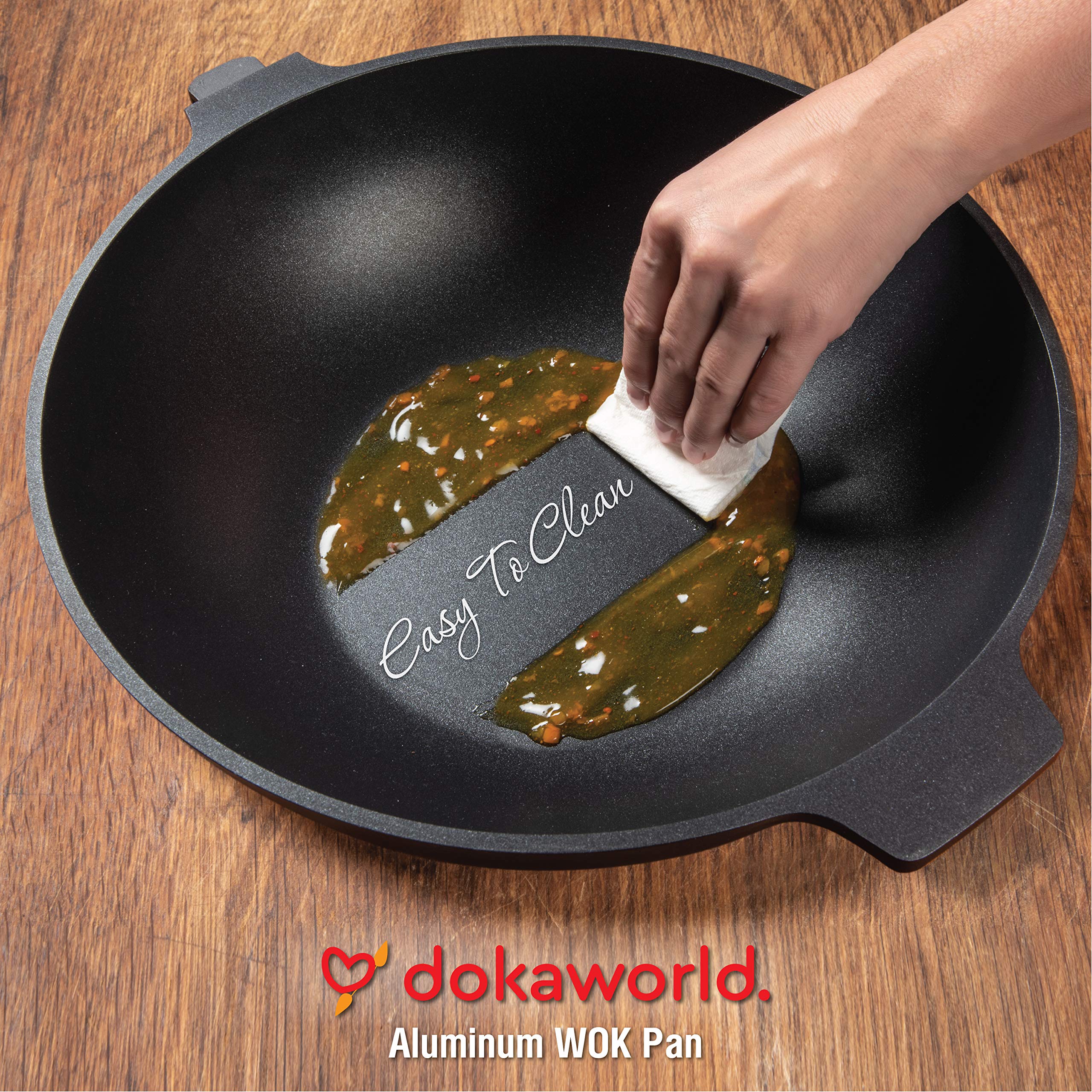 dokaworld Aluminum Nonstick Wok 12 in - Woks and stir fry pans - Non-stick Wok - Wok Pan Detachable Handle - Large Cooking Wok Frying Pan - Flat Bottom Wok - Induction Wok - Stir Fry Wok