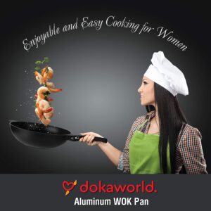 dokaworld Aluminum Nonstick Wok 12 in - Woks and stir fry pans - Non-stick Wok - Wok Pan Detachable Handle - Large Cooking Wok Frying Pan - Flat Bottom Wok - Induction Wok - Stir Fry Wok