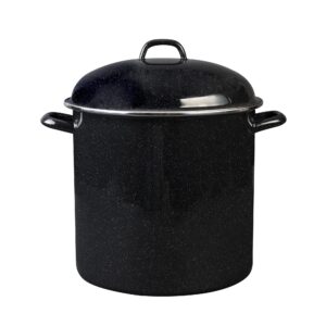 granite ware 15 qt heavy gauge stock pot with lid. (speckled black) enamelware. stainless steel. suitable for cooktops, oven to table. dishwasher safe.