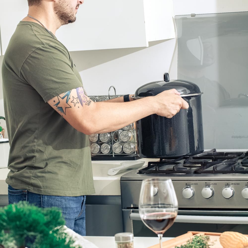 Granite Ware 15 Qt Heavy Gauge Stock Pot with Lid. (Speckled Black) Enamelware. Stainless Steel. Suitable for cooktops, oven to table. Dishwasher Safe.