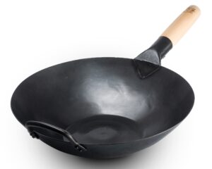 craft wok black13 flat pre-seasoned hammered carbon steel wok with wooden and steel helper handle (13 inch, flat bottom)