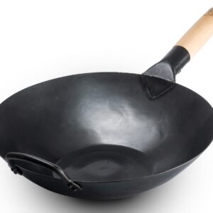 Craft Wok Black13 Flat Pre-Seasoned Hammered Carbon Steel Wok with Wooden and Steel Helper Handle (13 Inch, Flat Bottom)