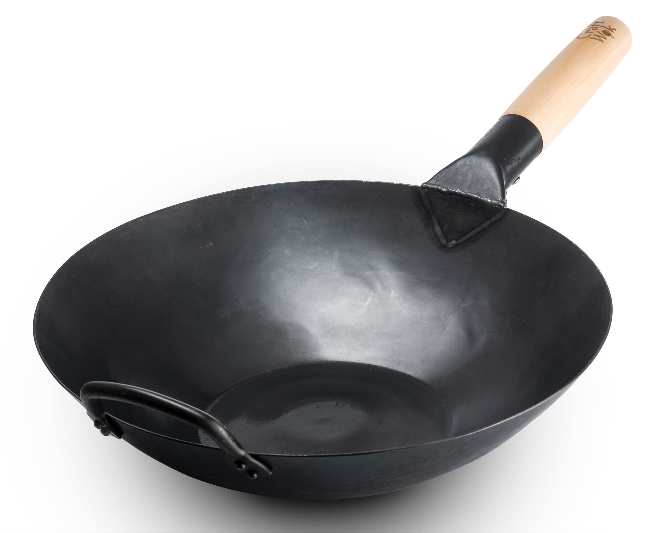 Craft Wok Black13 Flat Pre-Seasoned Hammered Carbon Steel Wok with Wooden and Steel Helper Handle (13 Inch, Flat Bottom)