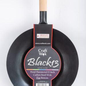 Craft Wok Black13 Flat Pre-Seasoned Hammered Carbon Steel Wok with Wooden and Steel Helper Handle (13 Inch, Flat Bottom)