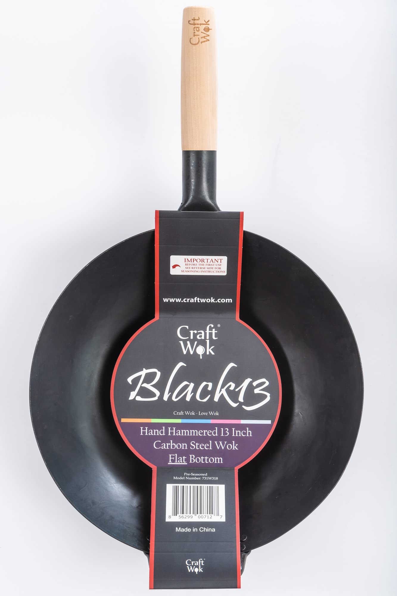 Craft Wok Black13 Flat Pre-Seasoned Hammered Carbon Steel Wok with Wooden and Steel Helper Handle (13 Inch, Flat Bottom)