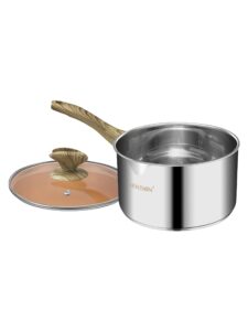 vention 2 quart stainless steel saucepan with lid, sauce pan with pour spout, small pots for cooking, left hand