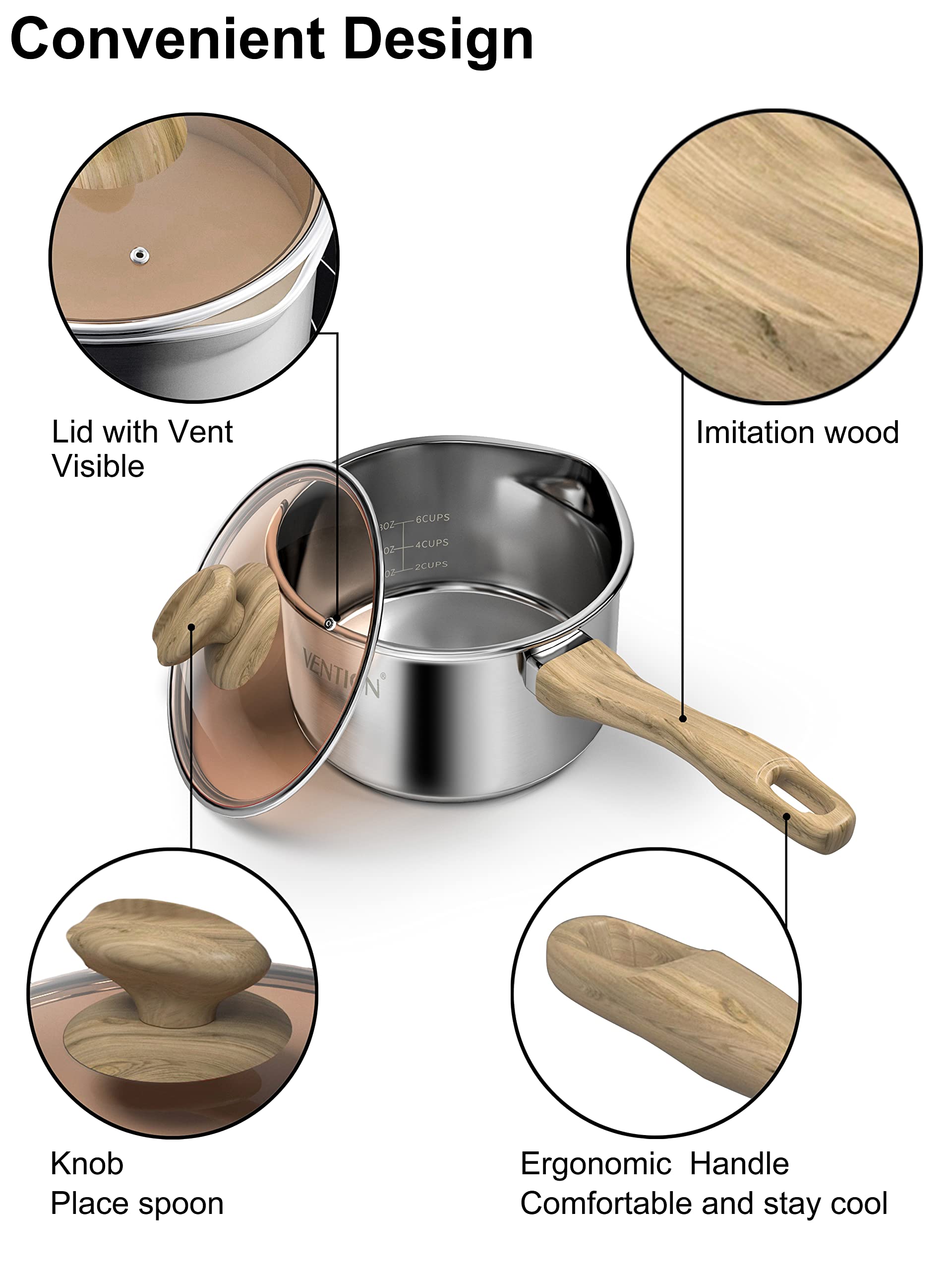 VENTION 2 Quart Stainless Steel Saucepan with Lid, Sauce Pan with Pour Spout, Small Pots for Cooking, Left Hand