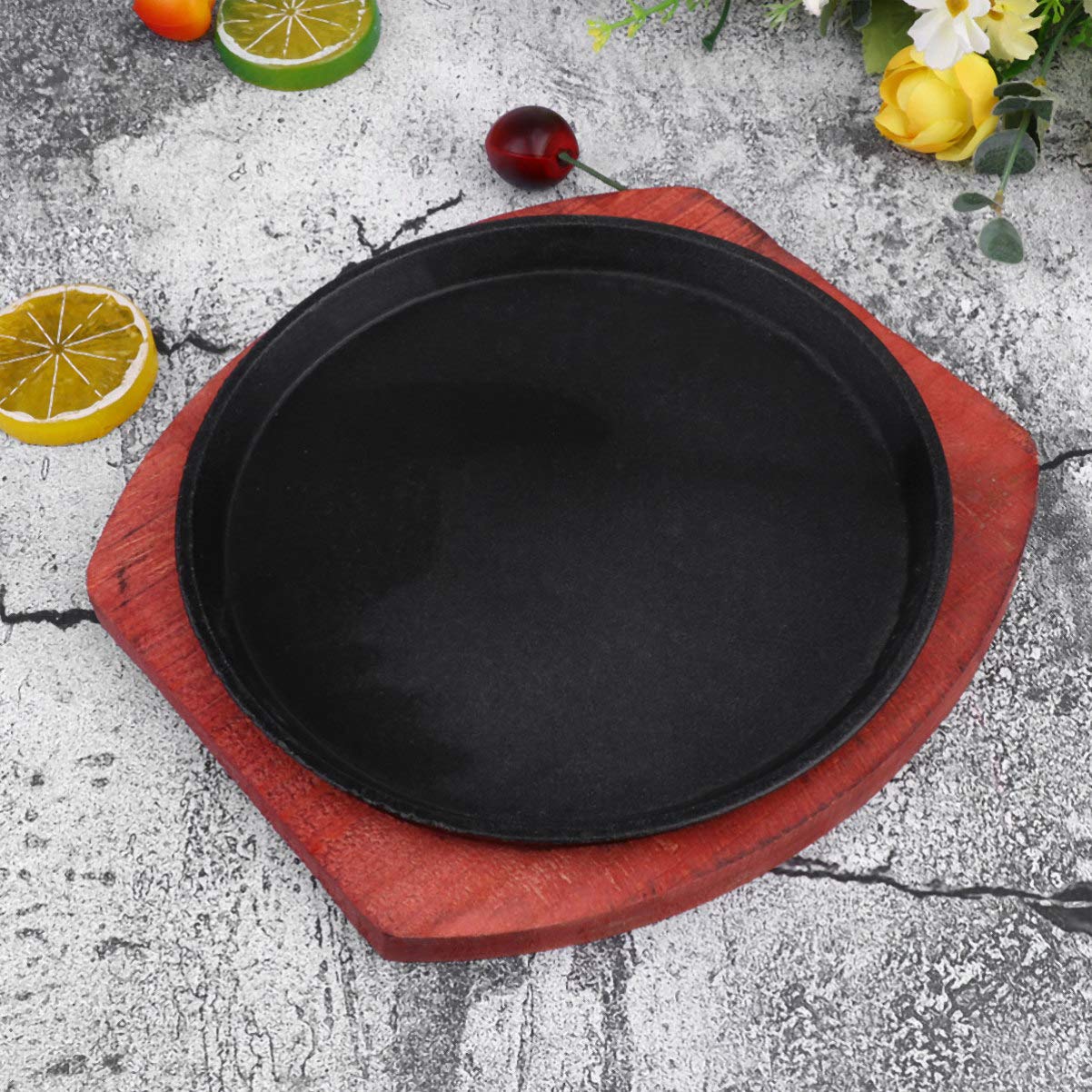 Fajita Plate Cast Iron Fajita Pan with Wooden Tray Sizzling Japanese Steak Plate for Home Restaurant