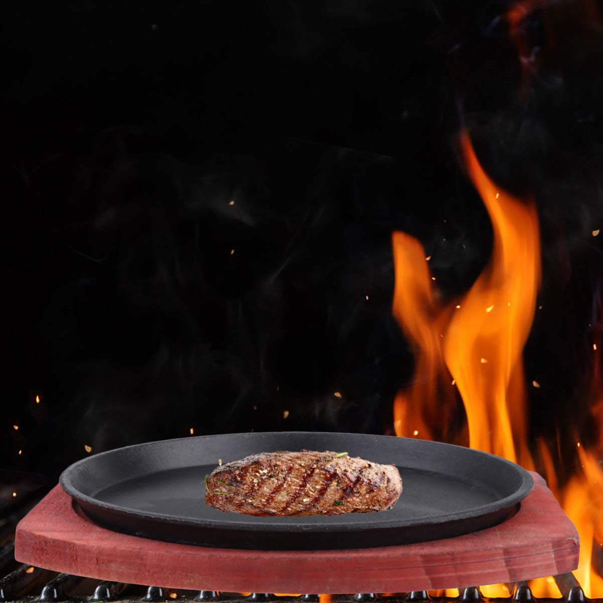 Fajita Plate Cast Iron Fajita Pan with Wooden Tray Sizzling Japanese Steak Plate for Home Restaurant