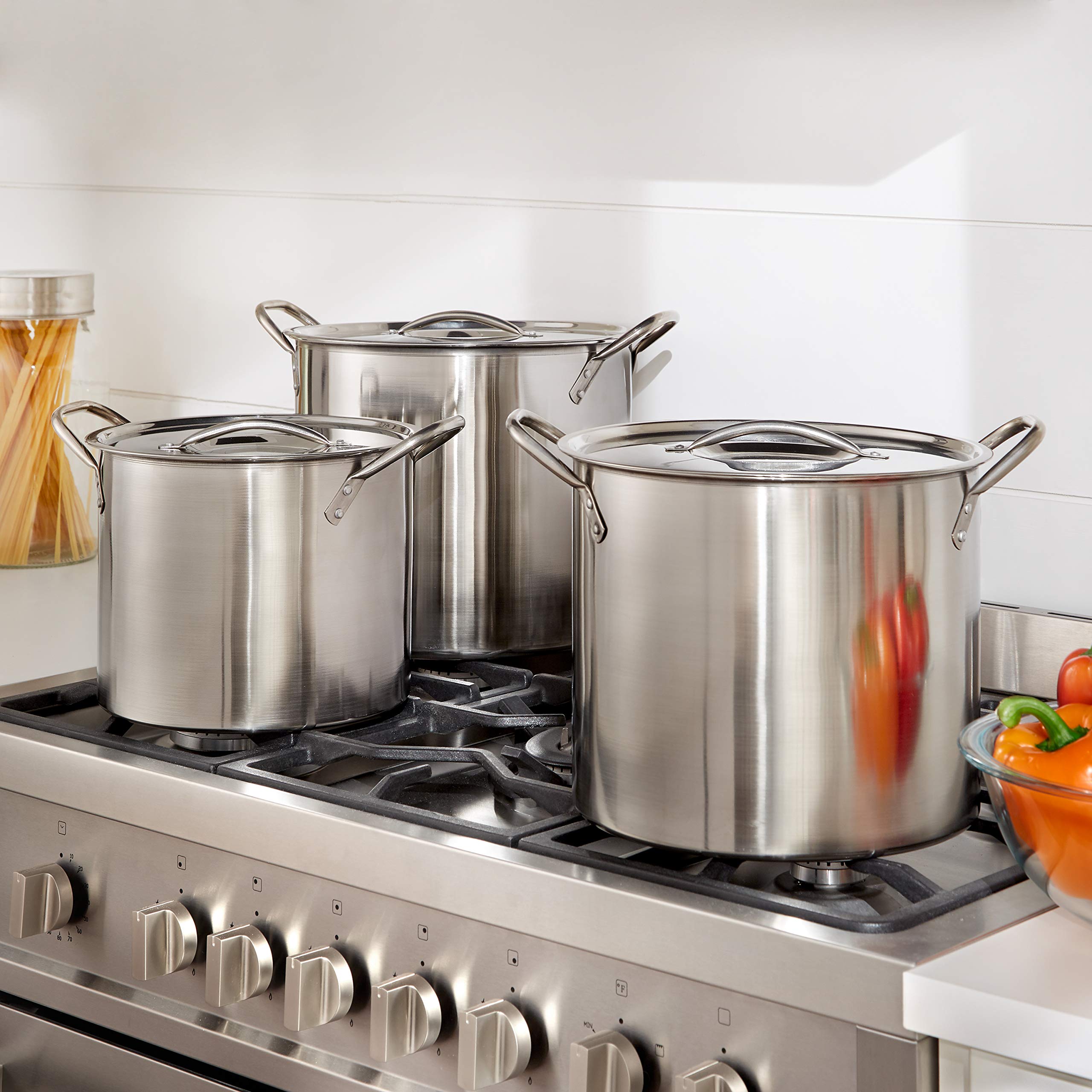 BrylaneHome 6 pcs set (6/8/12) Quart Stainless Steel Stockpot with Lid Food Grade Heavy Duty Multipurpose Stock Pot for Stew, Simmering, Soup Pot, Gas and Dishwasher Safe Rust Free Cookware -