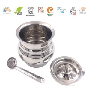 EarthVision Stainless Steel Ghee storage pot set with lid and spoon, Clarified Butter storage pot, Ghee container, Oil Keeper, Oil container with lid for pooja Oil storage pot 15.21 Oz