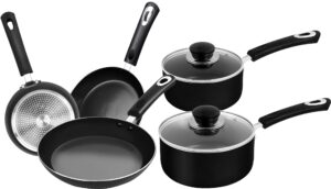 utopia kitchen 1 quart & 2 quart nonstick saucepans with glass lids & along with 8” 9” & 11” nonstick frying pan - induction bottom - multipurpose use for home kitchen or restaurant - grey-black
