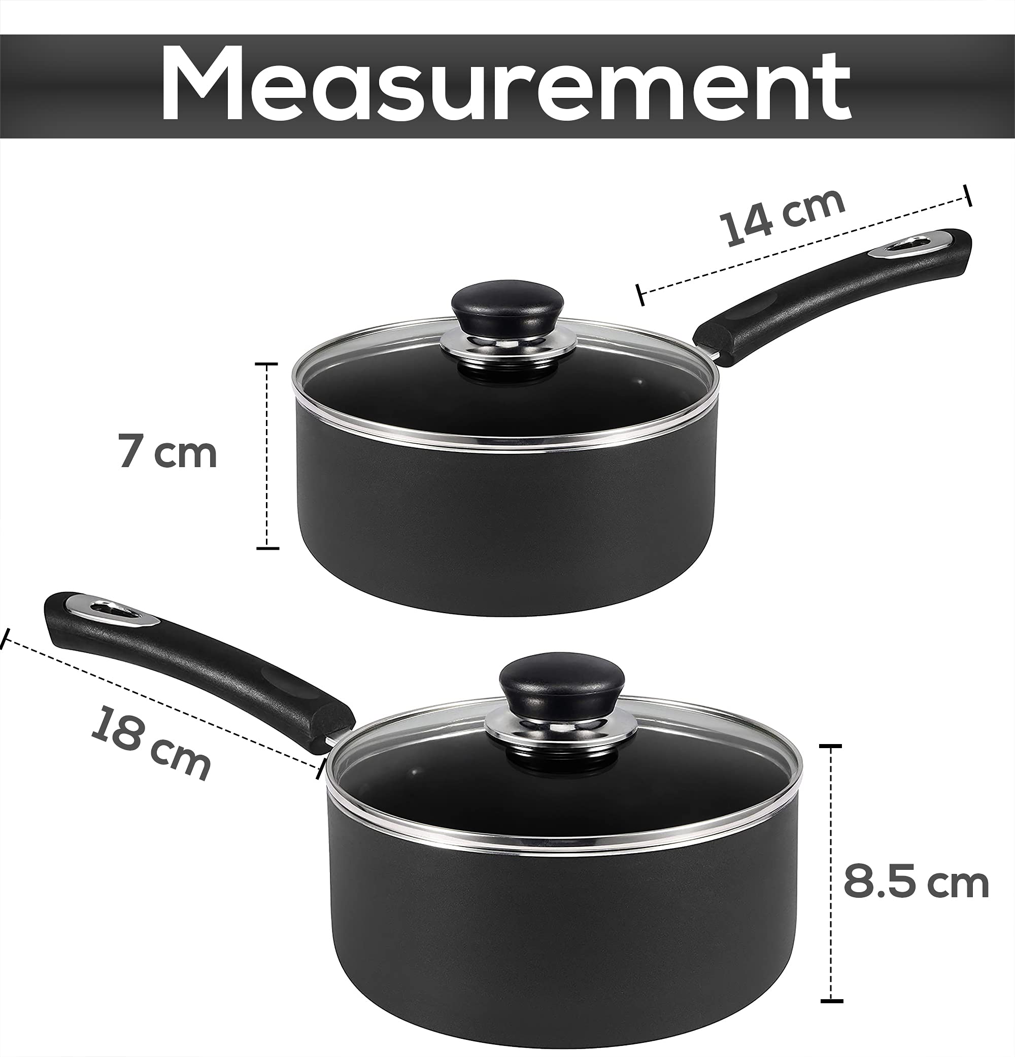 Utopia Kitchen 1 Quart & 2 Quart Nonstick Saucepans with Glass Lids & along with 8” 9” & 11” Nonstick Frying Pan - Induction Bottom - Multipurpose Use for Home Kitchen or Restaurant - Grey-Black