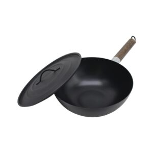 polarbear camping iron stir-fried wok 9" uncoated chinese style small deep wok flat bottom wok with iron lid & handle for all stoves
