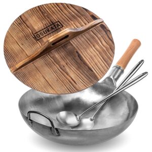 yosukata silver round bottom wok pan – 14" woks and stir fry pans + cast iron wok cover - premium wok cover 14 inch pan lid + wok spatula and ladle - set of 2 heat-resistant wok tools
