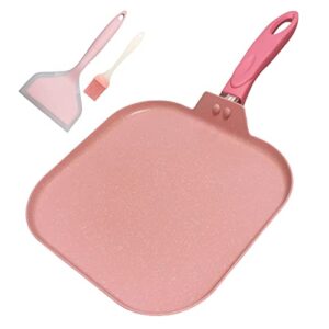 DXBVIEX Square Griddle Pan for Stove Top Nonstick, Flat Pan with Spatula & Brush, 11"X 11"(Pink)