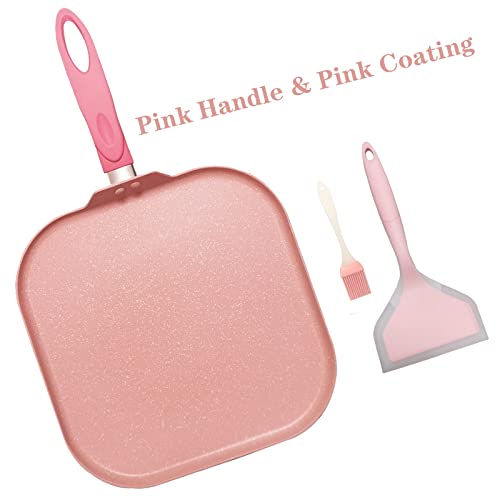 DXBVIEX Square Griddle Pan for Stove Top Nonstick, Flat Pan with Spatula & Brush, 11"X 11"(Pink)