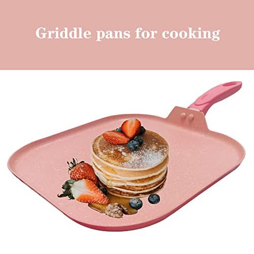 DXBVIEX Square Griddle Pan for Stove Top Nonstick, Flat Pan with Spatula & Brush, 11"X 11"(Pink)