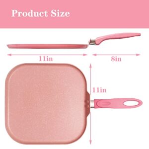 DXBVIEX Square Griddle Pan for Stove Top Nonstick, Flat Pan with Spatula & Brush, 11"X 11"(Pink)