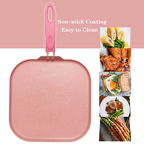 DXBVIEX Square Griddle Pan for Stove Top Nonstick, Flat Pan with Spatula & Brush, 11"X 11"(Pink)