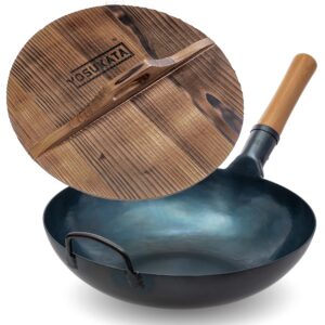 yosukata flat bottom wok pan 13.5" + premium wok cover 13,5 inch pan lid - blue carbon steel wok with wooden wok lid 13,5 in with ergonomic handle