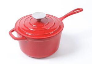 hawok enameled cast iron saucepan, 2qt saucepan with lid and long handle, red
