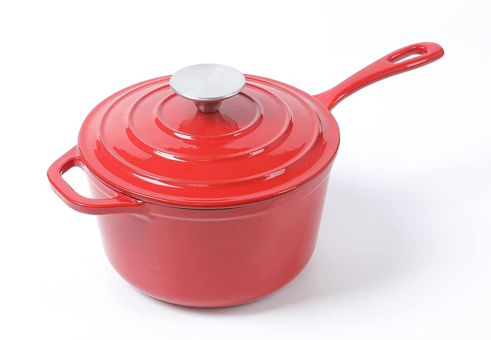 HAWOK Enameled Cast Iron Saucepan, 2QT Saucepan with Lid and Long Handle, Red