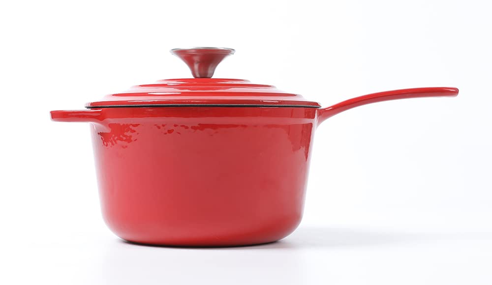 HAWOK Enameled Cast Iron Saucepan, 2QT Saucepan with Lid and Long Handle, Red