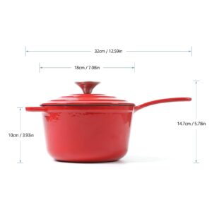 HAWOK Enameled Cast Iron Saucepan, 2QT Saucepan with Lid and Long Handle, Red