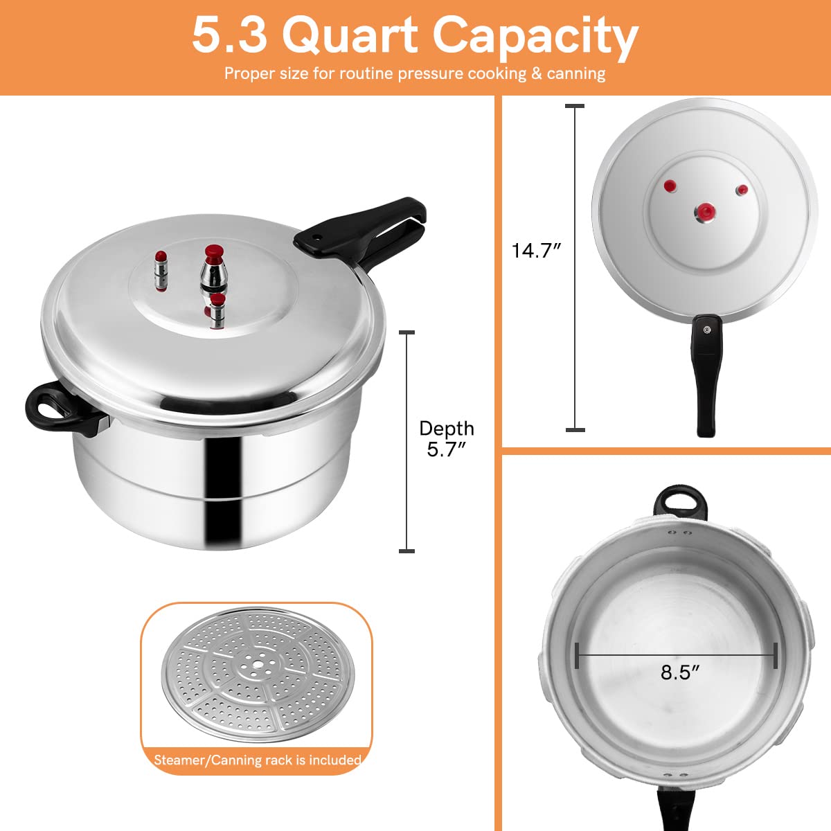 BreeRainz 5.3 Quart Pressure Cooker, 10 PSI Aluminum Pressure Canner w/Triple Valves & Auto Lock System