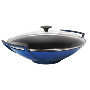le creuset enameled cast-iron 14-1/4-inch wok with glass lid, cobalt blue