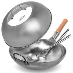 yosukata silver round bottom wok pan – 14" woks and stir fry pans + wok lid 13.6 inch + 17’’ wok spatula and ladle