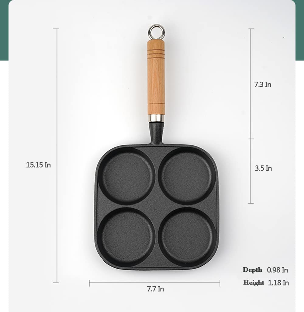 DJKG Uncoated Egg Frying Pan Egg Cooker Omelet Pan with 4-Cups Pancake Pan Cast Iron Cooker for Breakfast, Gas Stove & Induction Compatible Wooden Helper Handle